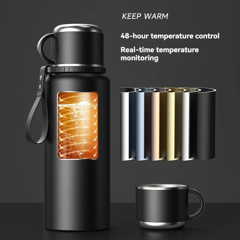 Insulated Thermo Pot Water Thermoses Bottle Bottles 1 Liter Double Stainless Large Capacity Vacuum Flasks Smart Display Mug Cups