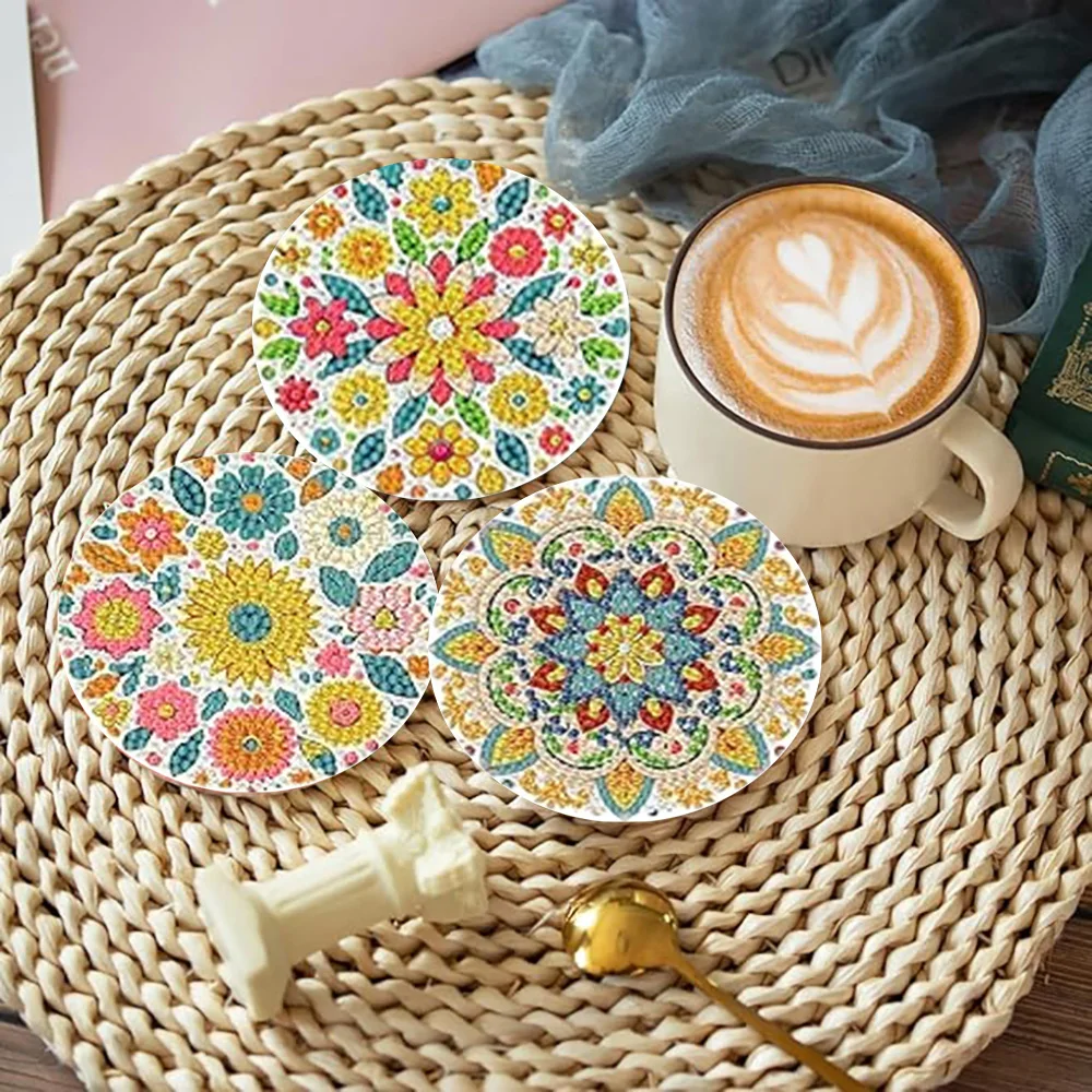 8-Piece Set/Diamond Painting Coaster Set, Flower Wreath Patterned Coaster (with Base) - Home DIY Handmade Art Set view 4