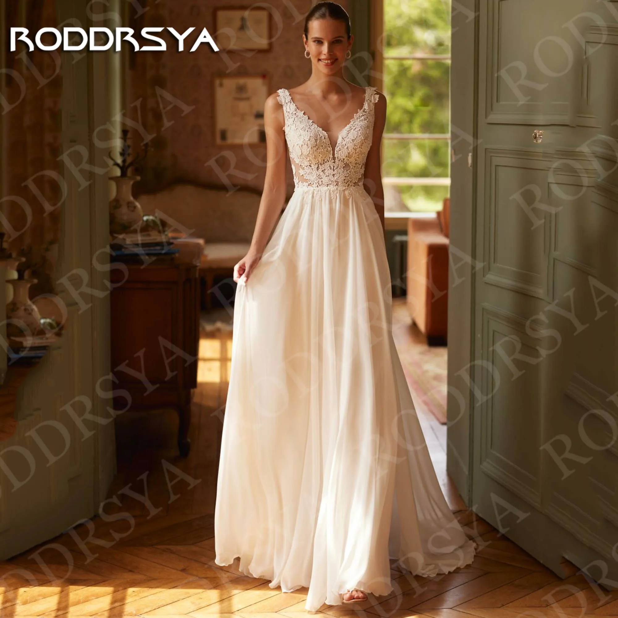 

RODDRSYA Wedding Dresses A Line V Neck Lace Applique Sleeveless Open Back Bridal Dress Chiffon Customized robes de mariée 2026