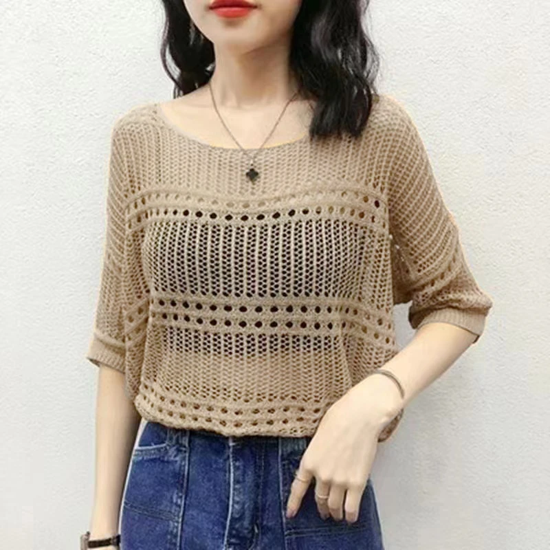 Leisure, Elegant, Sexy 2024 Spring Hollow Round Neck Short Sleeve Knitted Top