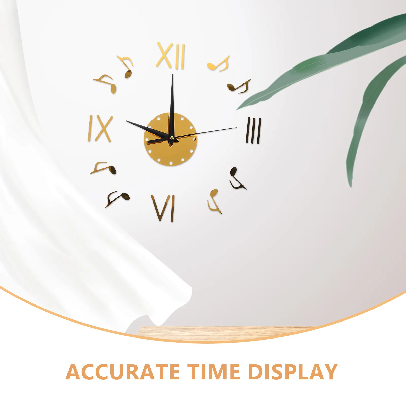 Golden Acrylic Mirror Wall Clock Silent Operation 3D Musical Note Design Modern Decorative Wall Clock for Bedroom Living Room