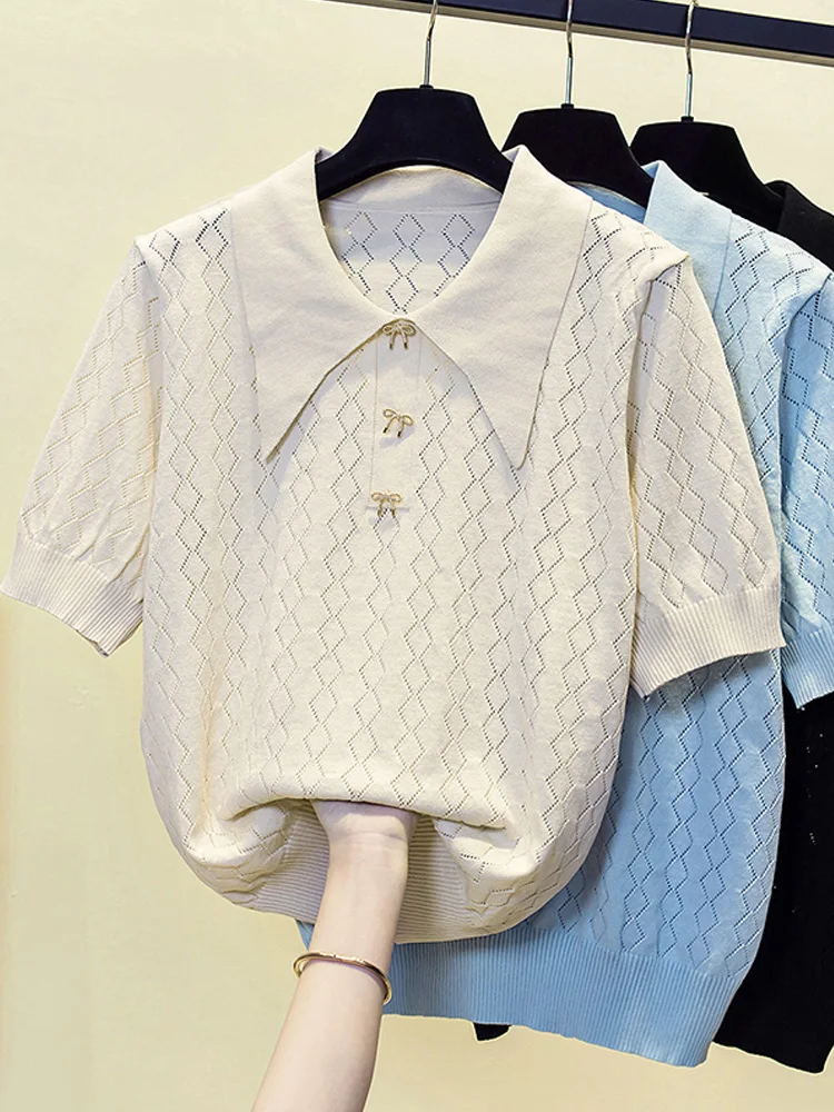 Chic Solid Short Sleeve Sweater Women 2023 Summer Spring Casual Soft Pullover Female Crop Elegant Knitted T Shirt Large Size