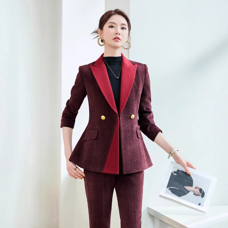 Women's Red Patchwork Design Thickened Blazer Professional Suit Fashionable High-end Workwear