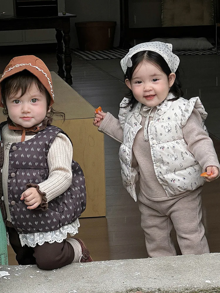 الفتيات أسفل سترة الخريف الشتاء جديد لطيف طفلة الدانتيل طباعة سترة الرضع الدافئة جاكيت بلا إكمام فئة #4