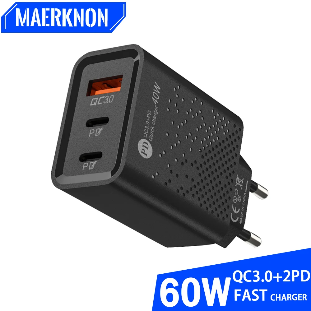 

Type C Phone Charger PD Fast Charging 60W USB QC3.0 Multiple 3 Ports Plug Mobile Phone Adapt for Xiaomi High Speed Wall Charger