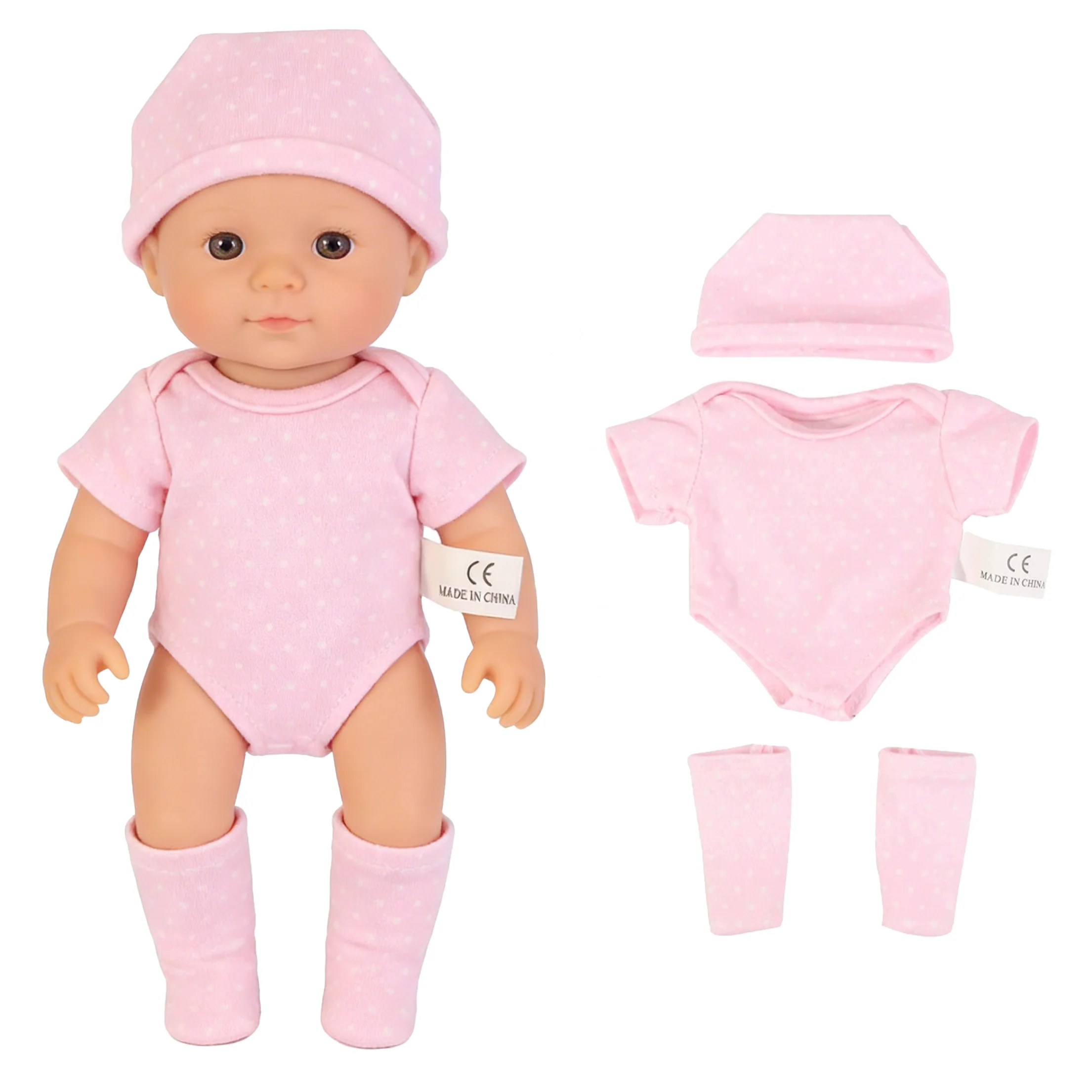 20cm 7インチ ミニリボーンドール服 衣装 かわいいベビー人形 幼児用Tバックロンパース パンツ ぬいぐるみ うさぎの靴下 帽子セット 服