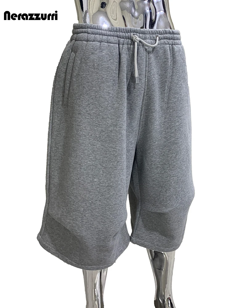 Nerazzurri Summer Autumn Loose Casual Soft Grey Shorts for Men Drawstring Elastic Waist Knee Length Sweatpants Menswear 2025