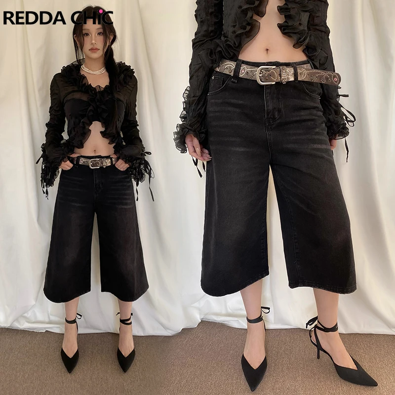 REDDACHiC Women Brushed Black Denim Jorts Shorts 90s Retro Skater Oversize Wide Pants Casual Low Rise Baggy Jeans Y2k Streetwear