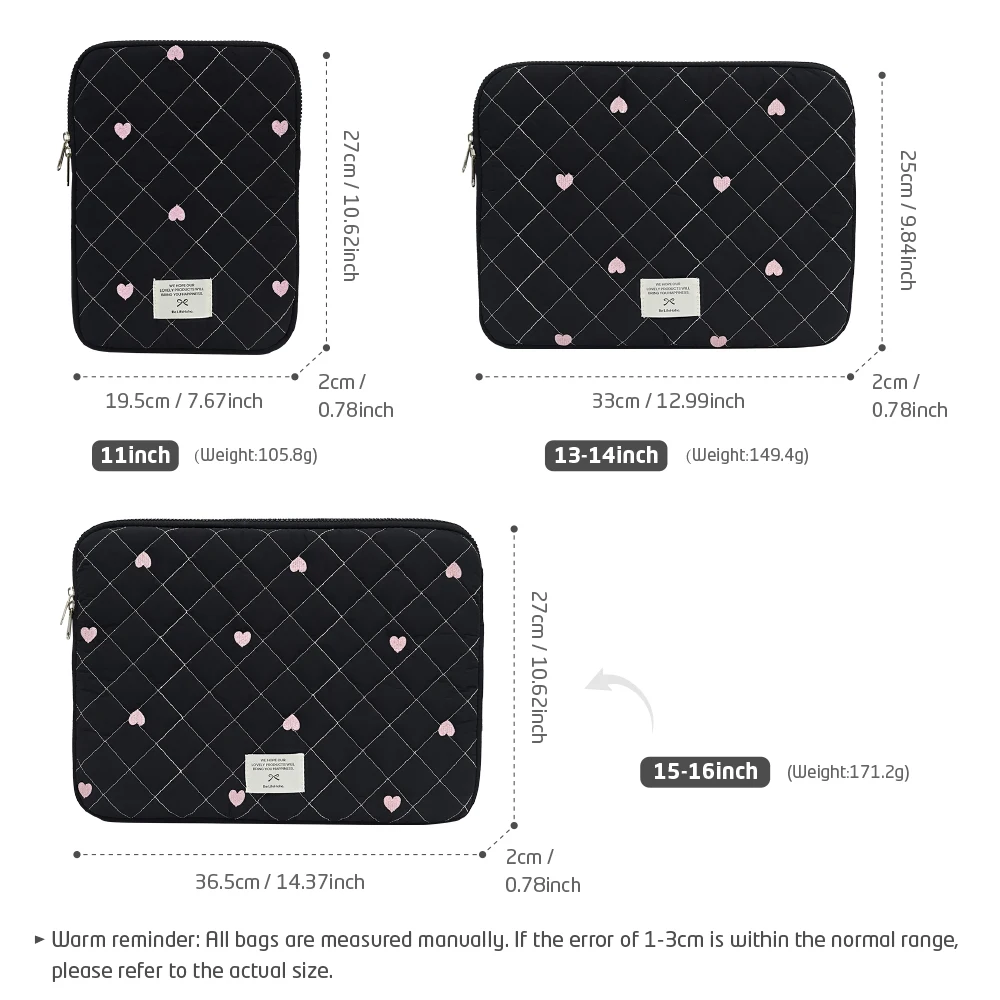 Bolsa fofa para laptop de viagem, bolsa para laptop de 9-11 polegadas para macbook/mi/dell de 15-16 polegadas, capa protetora à prova de choque com padrão de coração