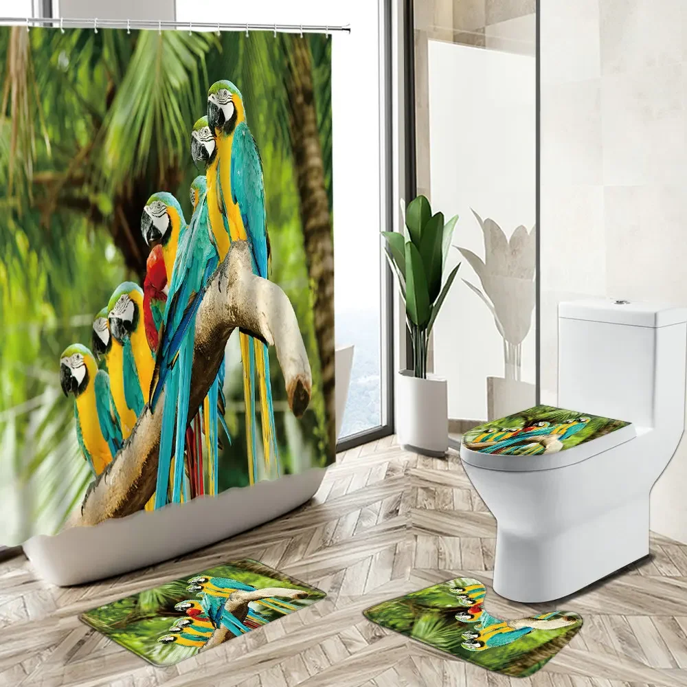 Parrot Bird Animal Shower Curtain Summer Tropical Jungle Plant Flower Scenery Home Decor Non-Slip Rug Toilet Cover Bath Mat Set