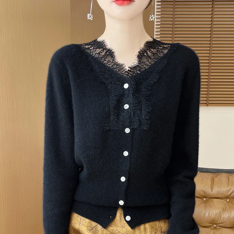 Women\'s Sweater Autumn/Winter New 100% Merino Wool Tops Women\'s V-neck Knitted Cardigan Fashion Lace Long Sleeve Shirt Clothing