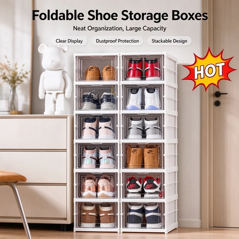 Transparent Pull Out Dustproof Shoe Storage Box Foldable Multi Tier Shoe Rack Organizer for Bedroom Closet Entryway Home