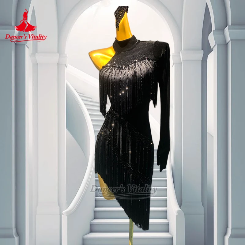 فساتين تشاتشا سامبا السالسا النسائية ذات الرقبة العالية مهدب مسابقة الرقص اللاتينية للبالغين وأداء الملابس حيوية الراقصة المخصصة #2