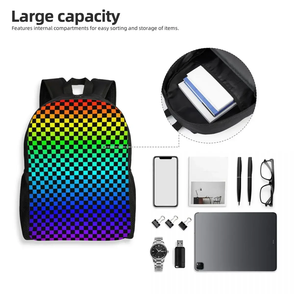 Personalized Black And Rainbow Squares Pattern Checkered Flag Backpacks Men Women Fashion Bookbag for School College Bags