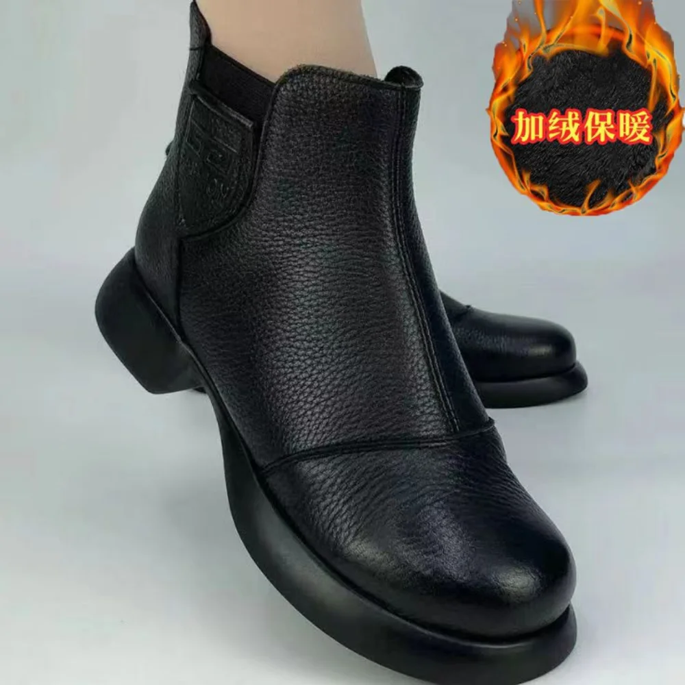 3cm Genuine Leather Women Chelsea Chimney Ankle Mid Calf Boots Spring Autumn Fashion Flats British Style Soft Comfy Shoes