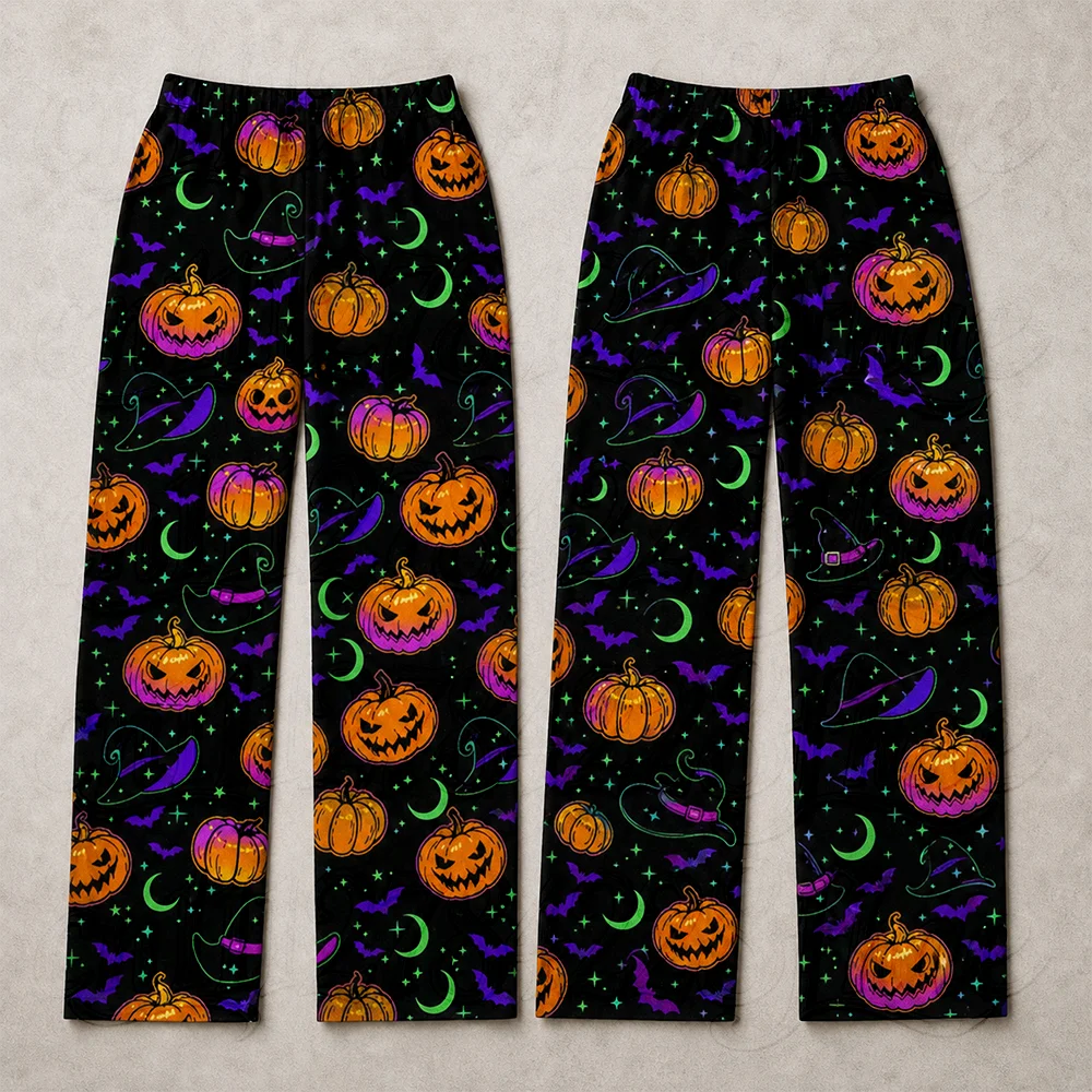 Neon Halloween Pumpkin Men Straight Legs Pants Casual Gothic Streetwear Hip Hop Holiday Cosplay Party Loungewear Pajamas Trouser
