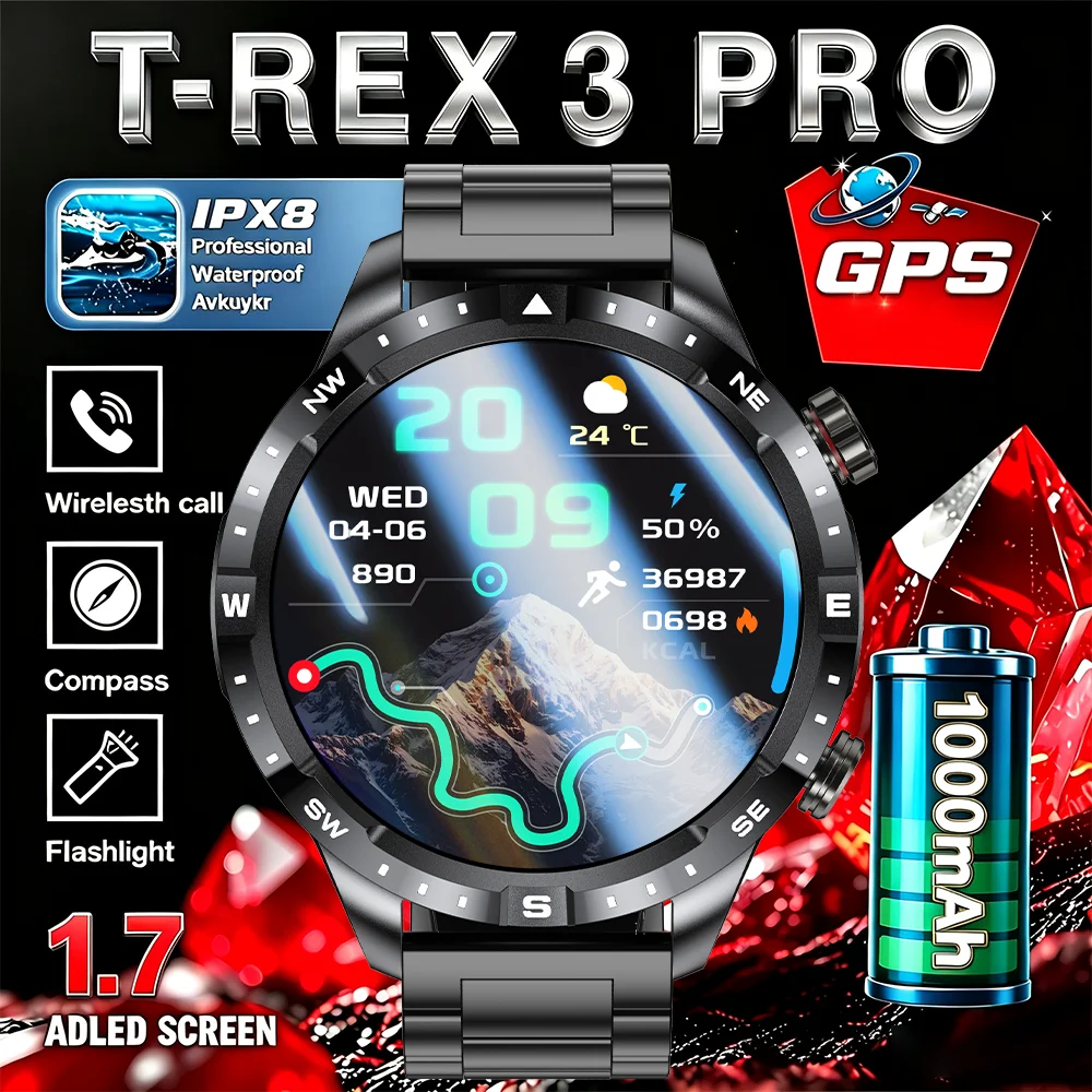 New men's smartwatch, 1.7-inch high-definition display, built-in compass, 1000mAh long-lasting battery, LED flashlight. Features