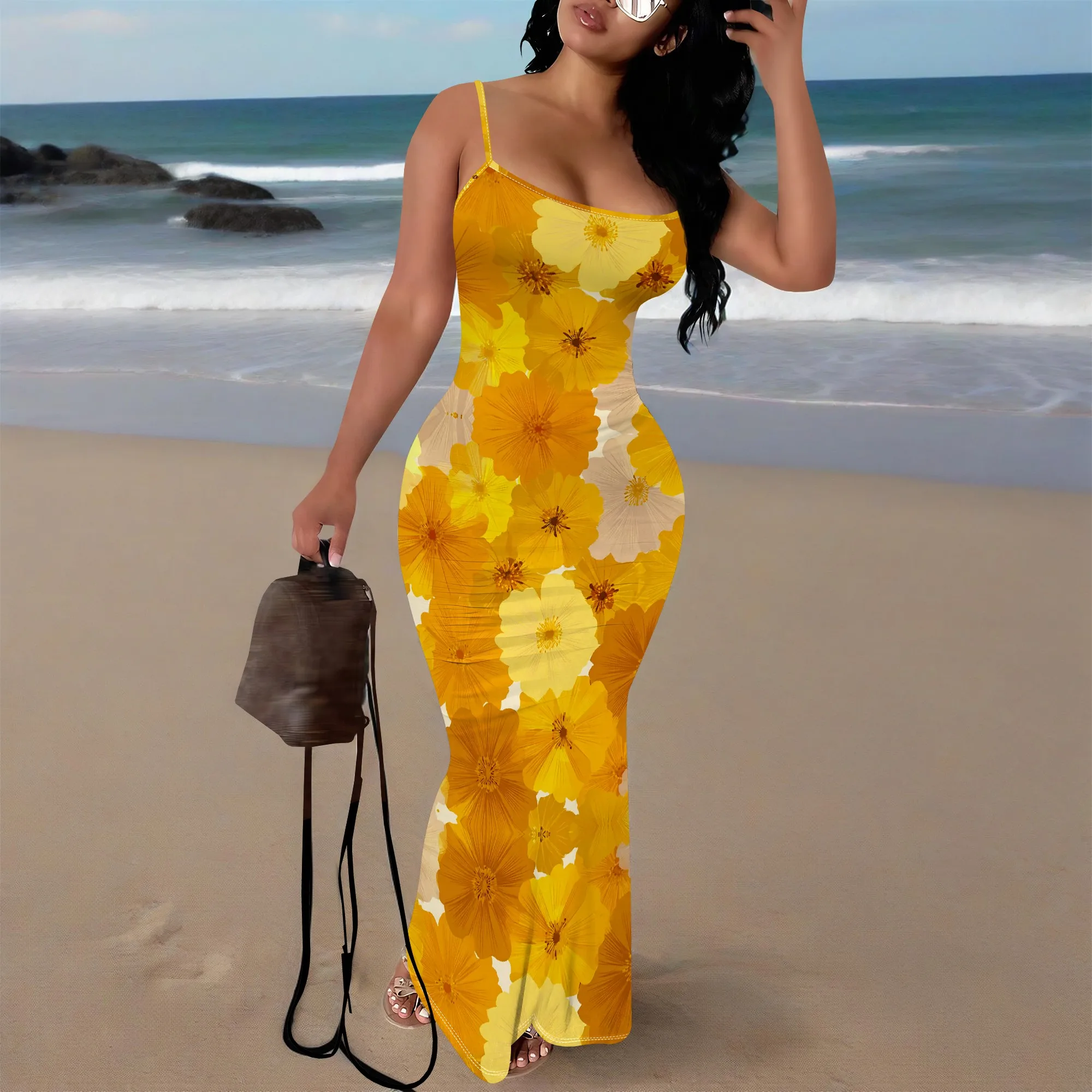 

Plus Size Floral Print Spaghetti Strap Dress for Women Sexy Bodycon Mermaid Maxi Dress for Summer Vacation XS-3XL