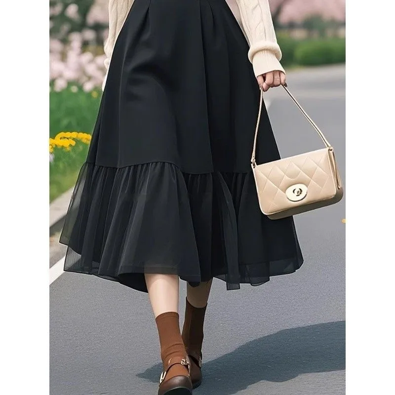 Immagine 6: Gonne longuette patchwork di pizzo di nuova moda primavera autunno da donna 2025 Lady Graceful Solid Vintage Gonna al ginocchio Abbigliamento alla moda