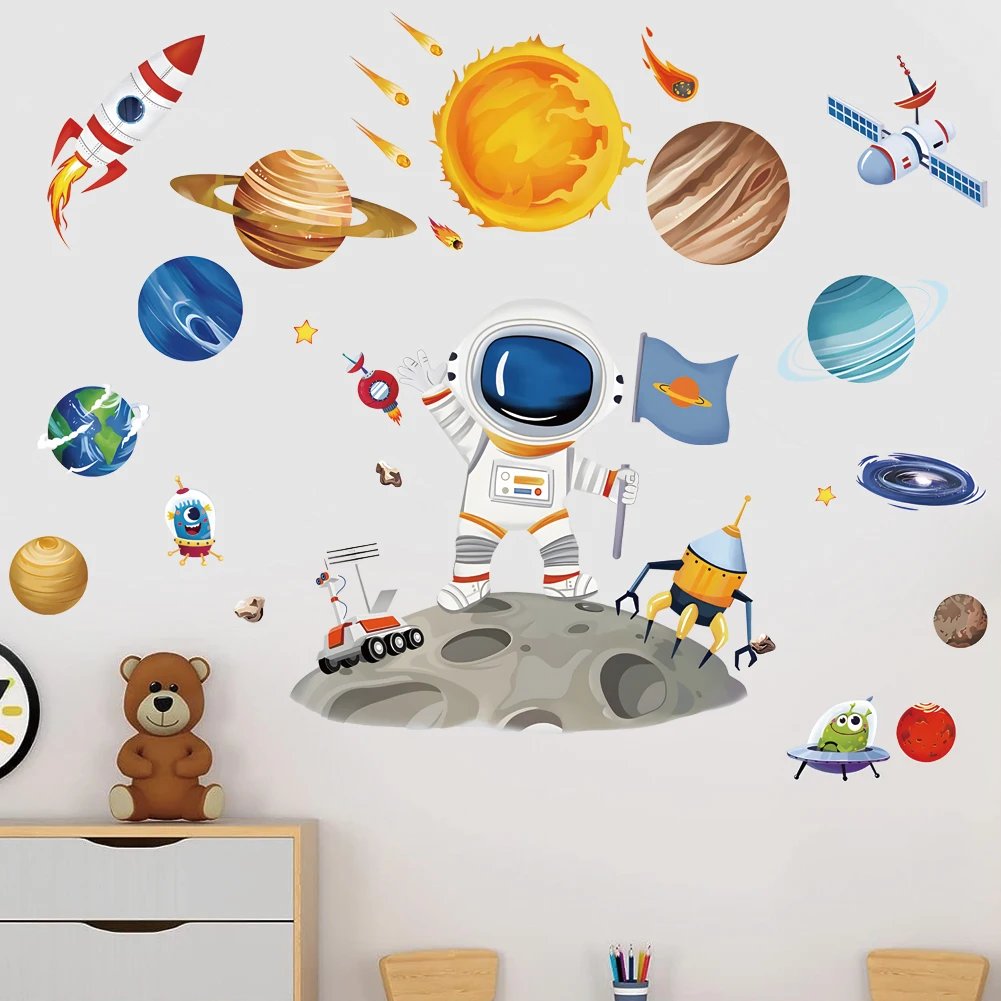 3D creativo planetario astronauti Wall Sticker Home Decor Cartoon Kids Room camera da letto periodo stampa decalcomania murale Art Sky Poster Gift