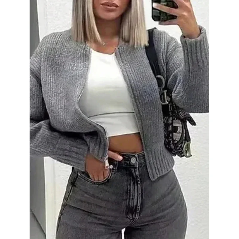 

Легкий и теплый женский повседневный кардиган с круглым вырезом, однотонный, осенне-зимний, модный, шикарный, с открытой передней частью, с цепочкой Detai