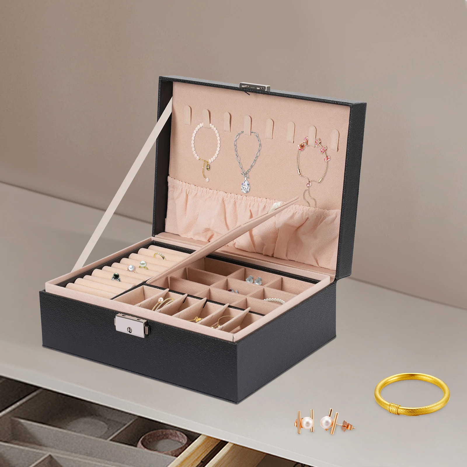 

Двухуровневая коробка для хранения ювелирных изделий, коробка-органайзер для сережек размером 9,1*6,7*3,5 дюйма, коробка для демонстрации ювелирных изделий с регулируемым разделителем для хранения колец.