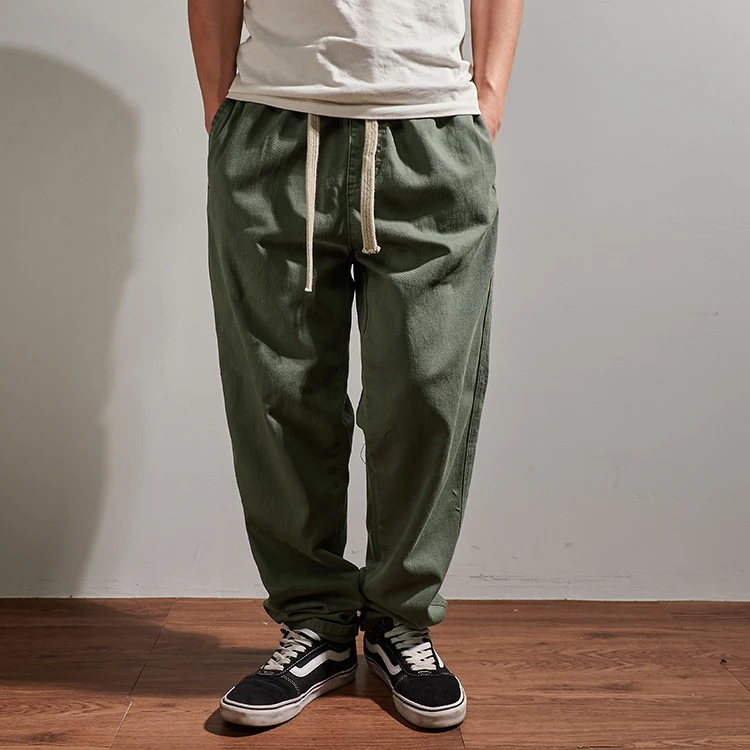 Spring New Japanese Retro Twill Woven Casual Straight Pants Men\'s 100% Cotton Washed Elastic Waist Drawstring Loose Trousers