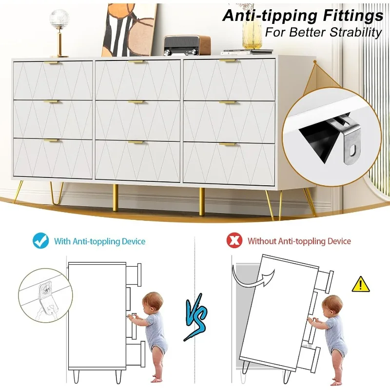 خزانة ذات 9 أدراج لغرفة النوم مع أدراج عميقة وخزائن خشبية وخزانة ذات أدراج بمقابض ذهبية وفستان طويل حديث #3