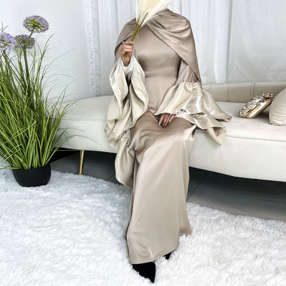 Eid Muslim Abaya Dubai Elegant Ruffle Sleeve Evening Dresses Arab Satin Robe Moroccan Maxi Islamic Turkey Clothes Kaftan Ramadan