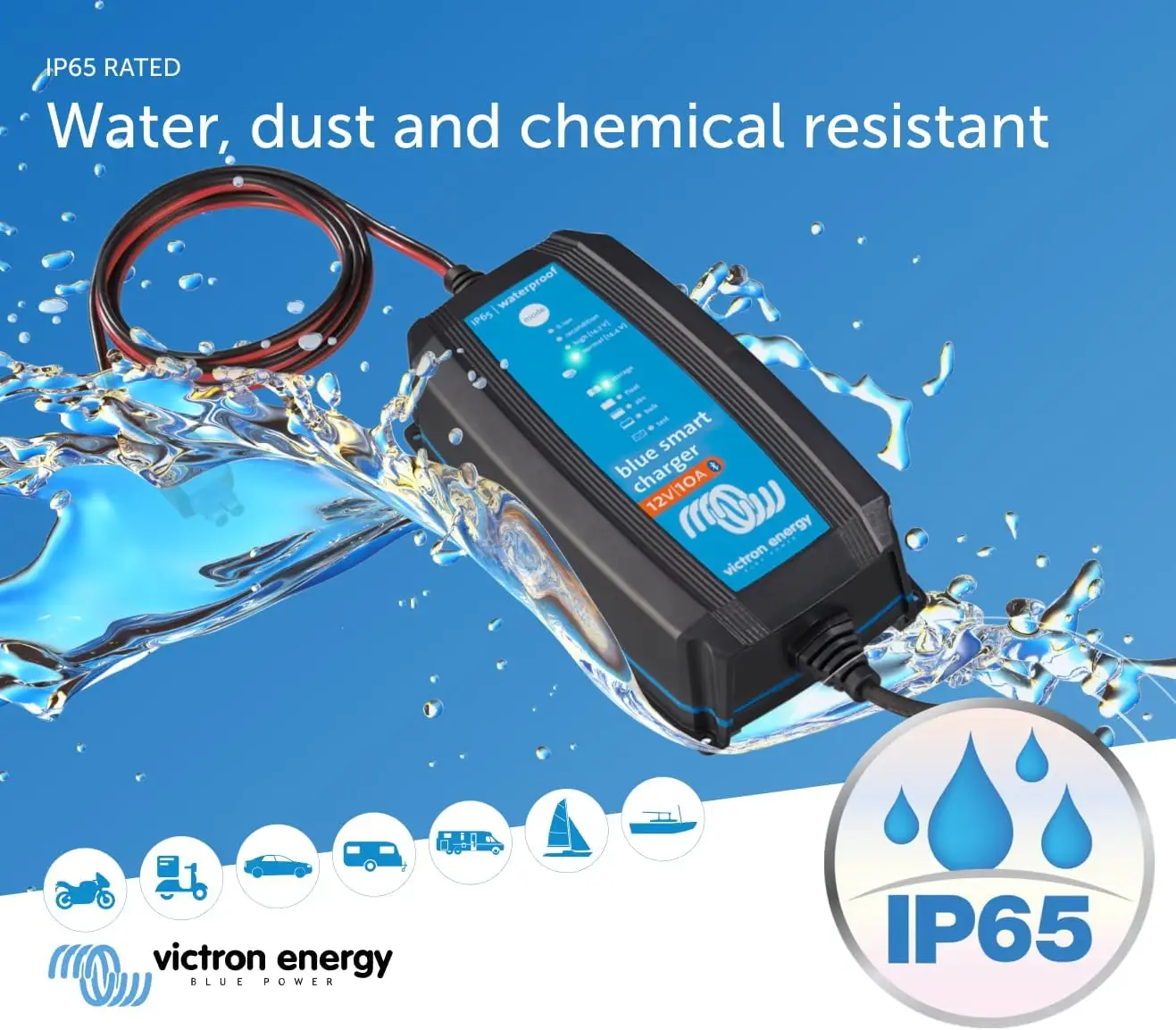 Smart IP65 Car Battery Charger 12V 10A for Motorcycle, ATV, RV, Lithium & Deep Cycle Batteries