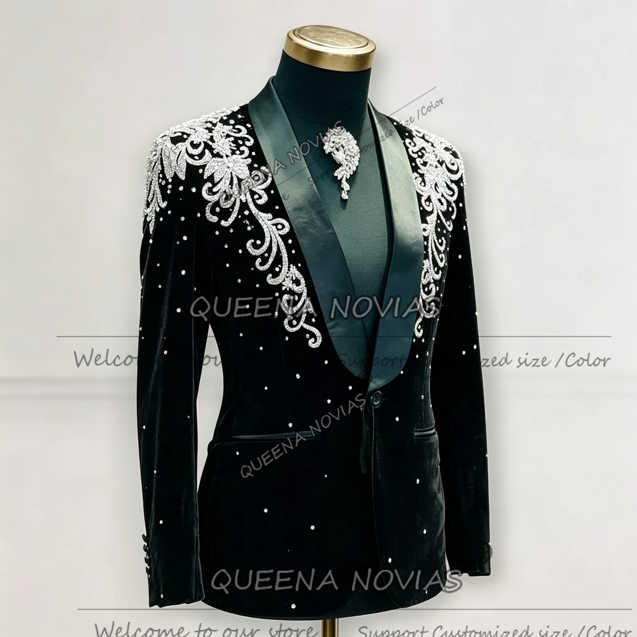 Exclusive Men's Suit Jackets Customized Satin Shawl Lapel Velvet Groom Prom Blazer Set Formal Wear Tuxedo Handmade Male Outfits