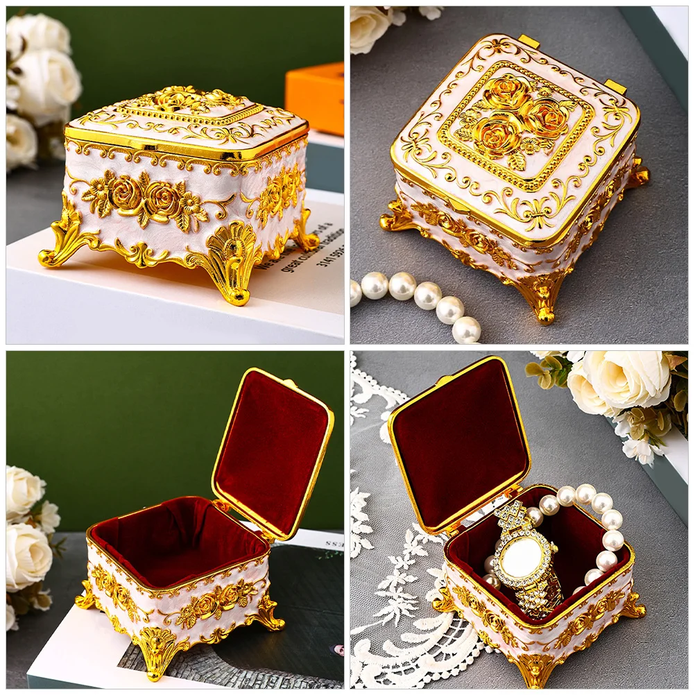 

Metal Jewelry Box Vintage Square Shape Protective Lining Organizer for Rings Earrings Necklaces Small Trinket Storage Decor