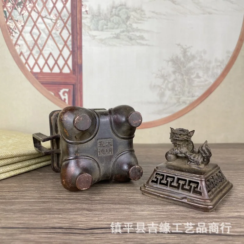 Four-Legged Double-Eared Lion Lid Patina Ornament Antique High-Neck Burner Incense