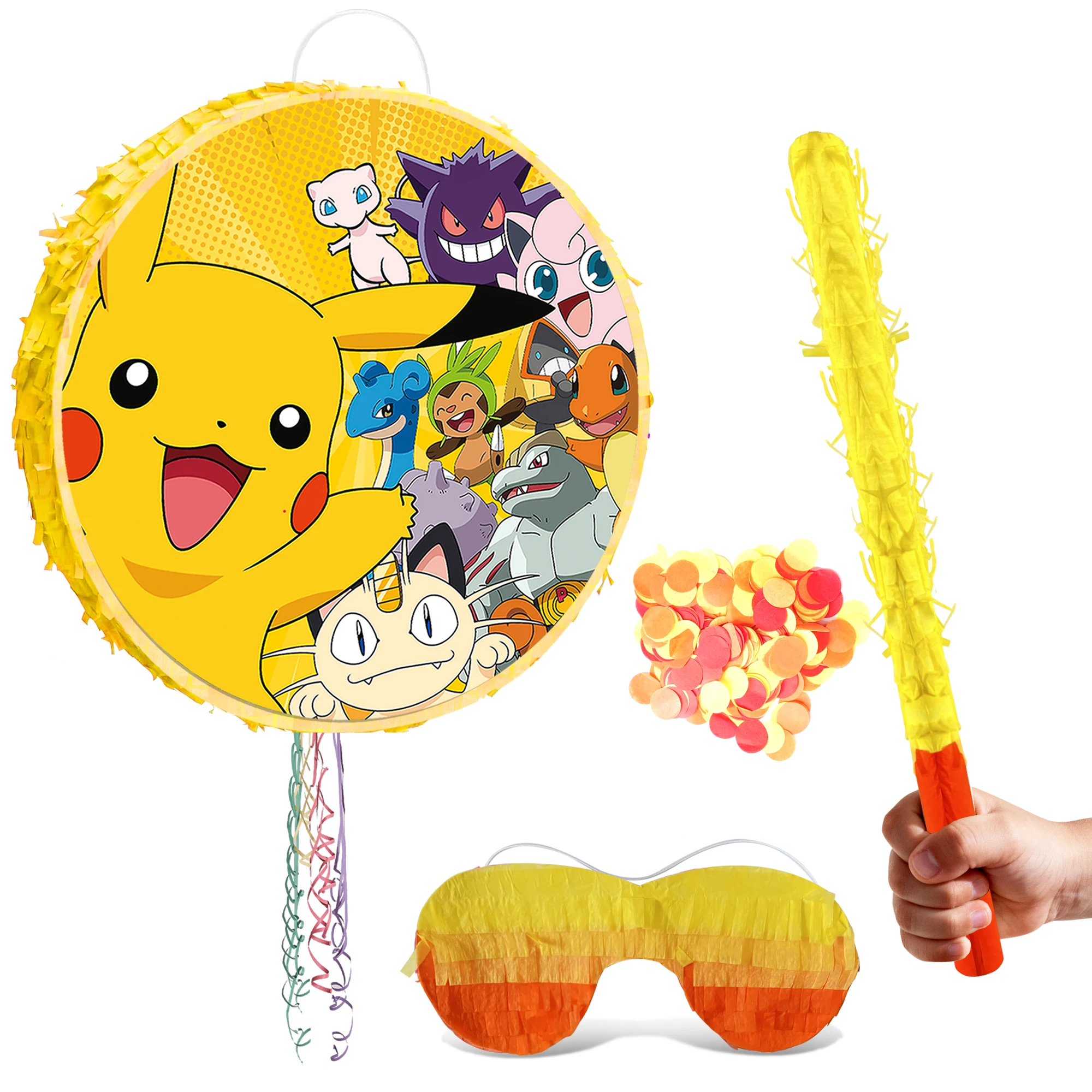 Pokemon Pinata rond, 4 pièces Pokemon Pinata Set-17.58 "Pinata sur le thème Pokemon et bâtonnets masque pour les yeux etc. Fournitures Pokemon Pinata