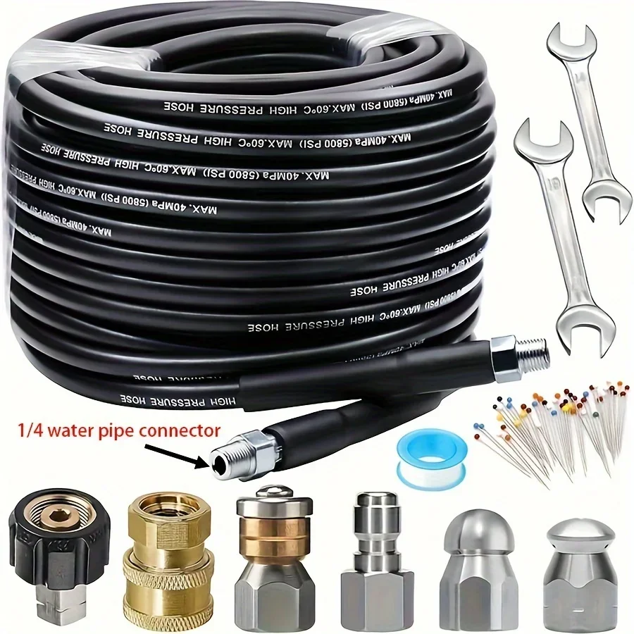 45m Sewer Jetter Kit for Pressure Washer 5800PSI High-Pressure Drain Cleaning Hose with Rotating Nozzle Button Nose Watertight