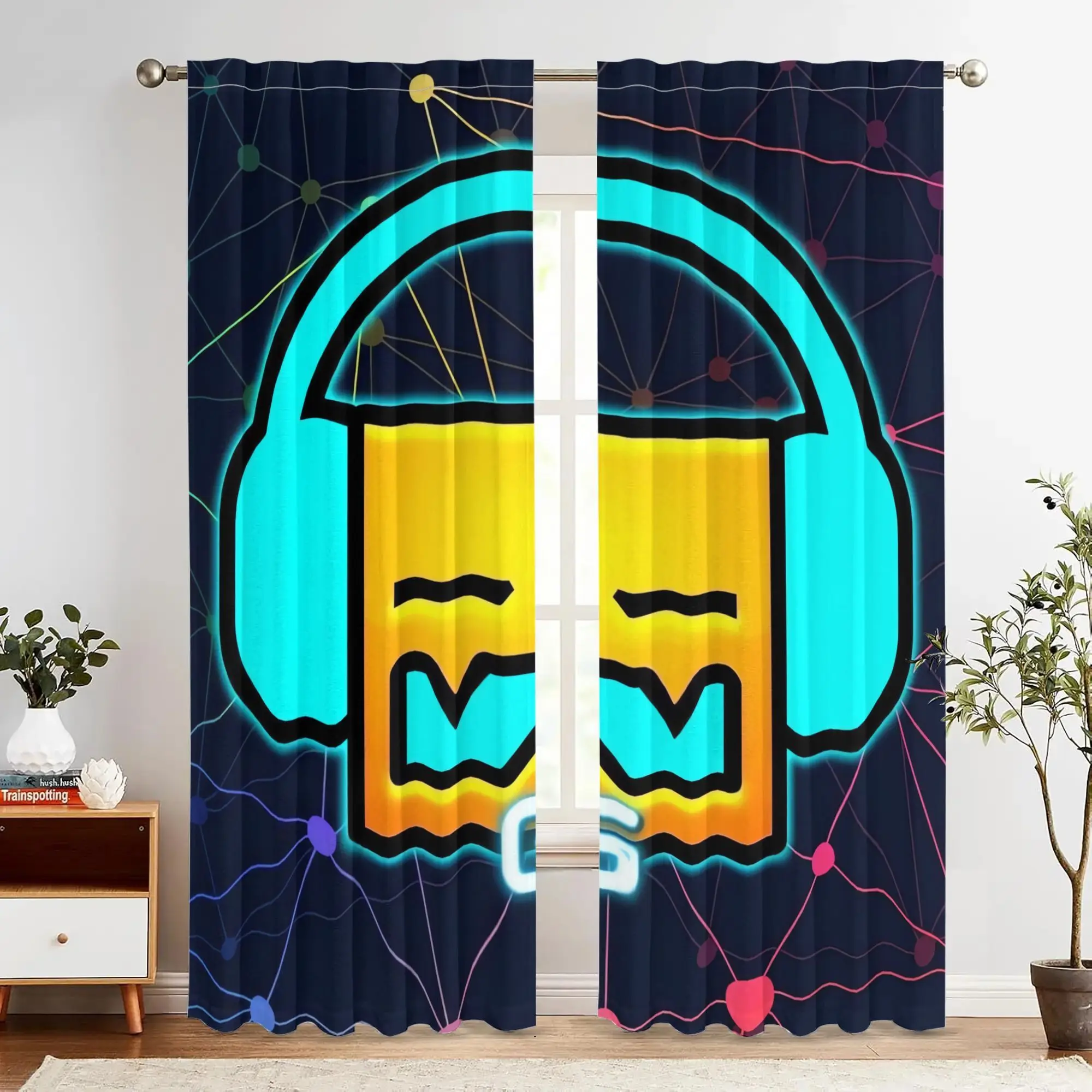 Neon Headphone Face Curtains, Cyberpunk Style Print Drapes for Bedroom, Glowing Music Theme Window Treatment Home Decor