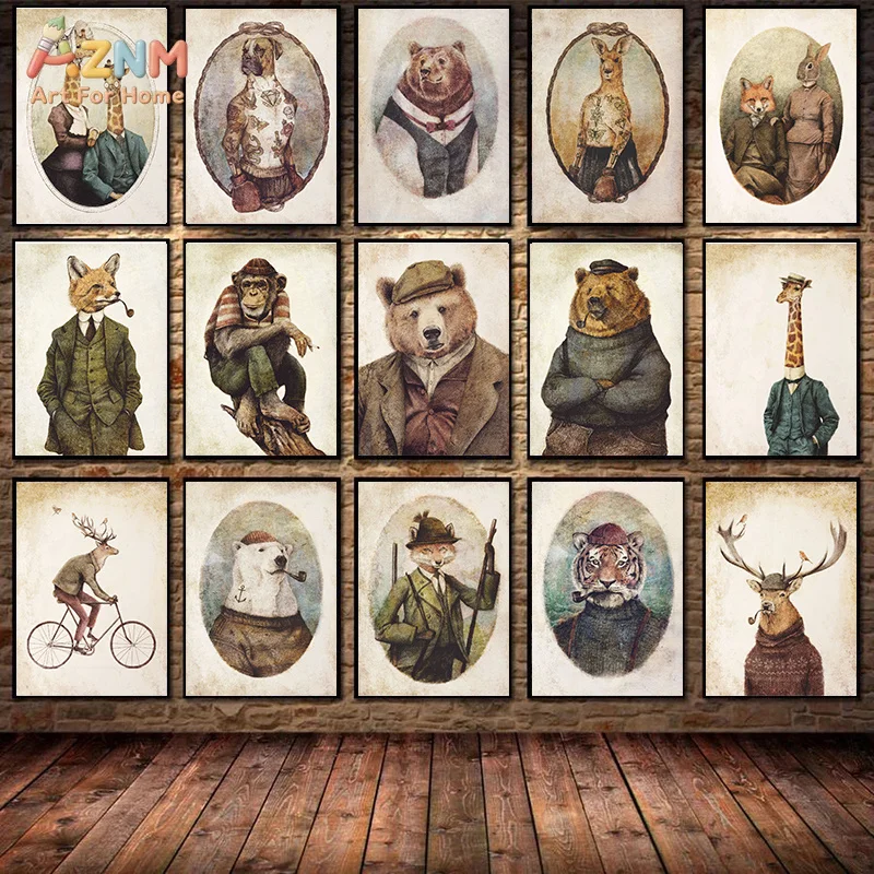 AZNM Vintage Gentleman Dressed Animal Portrait Frameless Canvas Poster Retro Rustic Study Room Decor Wall Art Print