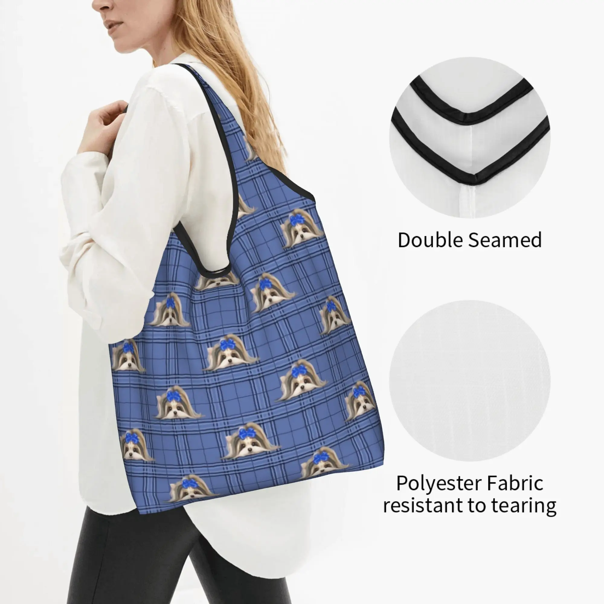 Yorke Dog Yorkshire Terrier Yorkie Plaid Blue  Grocery Shopping Bags Funny Shopper Shoulder Tote Bag Big Capacity  Handbag