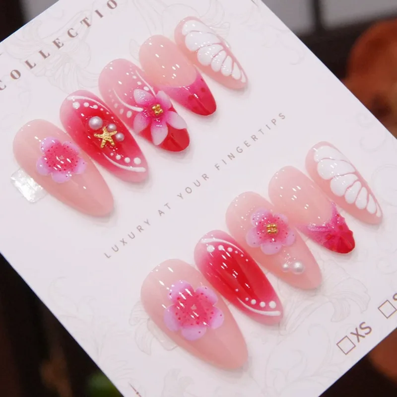 Handmade Medium Almond Press On Nails Pink Red Gradient 3D Sakura Shell Pearl Fake Nails Ocean Fresh Korean Style Reusable False