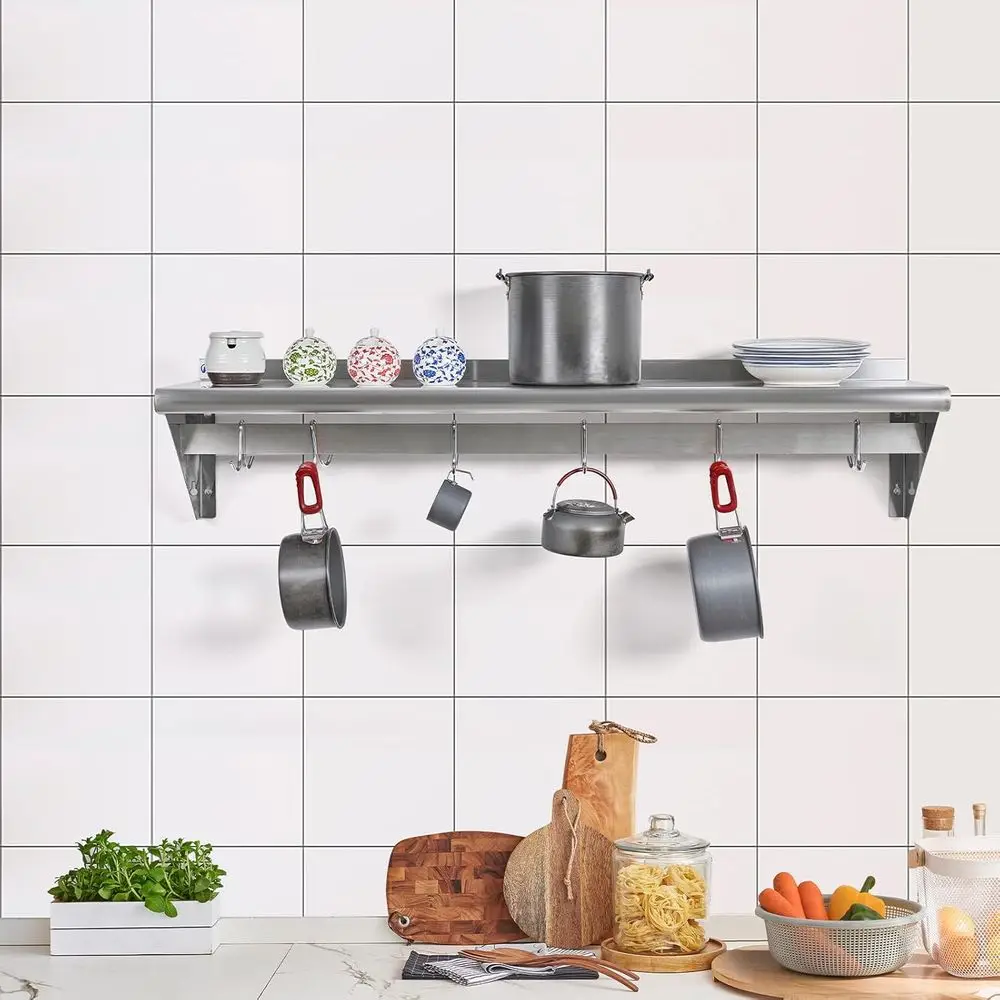 Stainless Steel Shel with 6 Hooks 12 x 36 Wall Mounted Pot Rack, Floating Shelving or Storage Hanging Pots, Pans, Cookware in Re