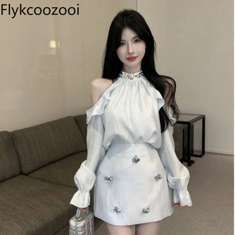 

Autumn Halter Sequin Ruffled Off-shoulder Vest Design Sense Craft Flower Wrap Hip Skirt Casual White Suit Women Blazer Set