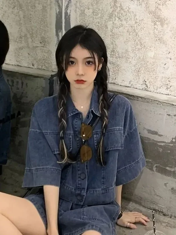 

Summer Vintage Denim orts Set Women Faion Age Reducing Chic Tee-piece Winter Collection for Middle-aged Women