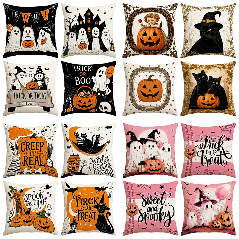 4pcs Halloween themed pillowcases, featuring retro witch, black cat, pumpkin, and ghost print pillowcases (without pillow core)