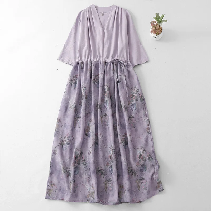 Women Dresses Print Dress Spliced Drawstring V Neck Half Sleeves Empire Cinched Waist Ankle Length Casual Loose Fit 2026 Summer