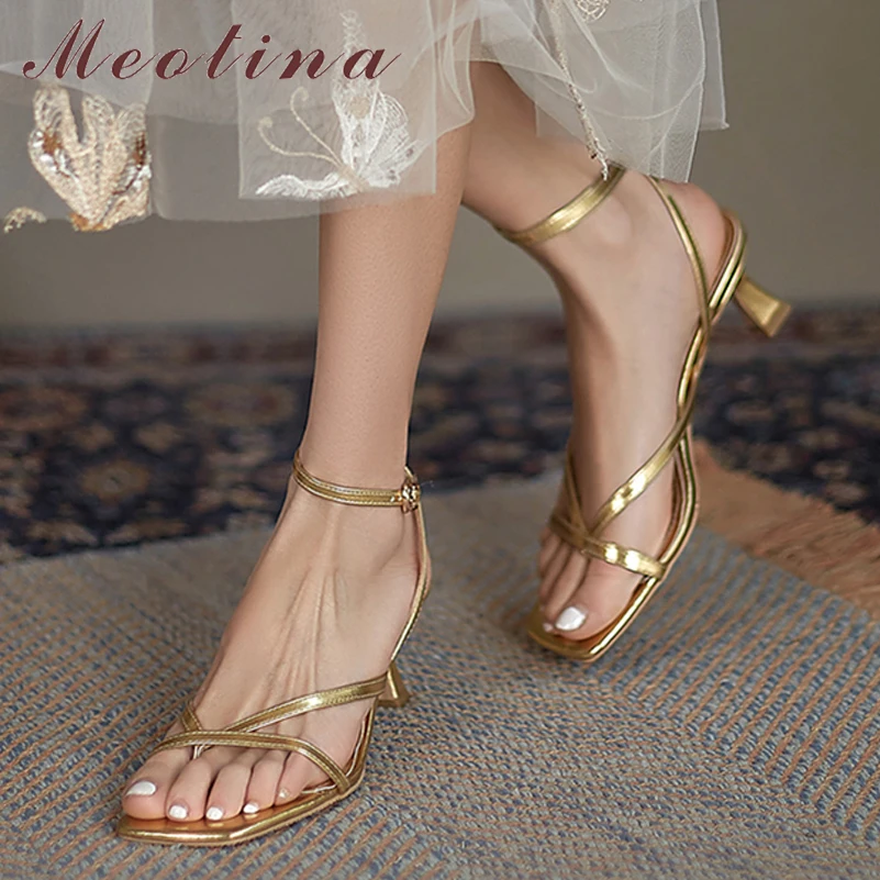 Meotina Sandals Shoes Women Genuine Leather Sandals Narrow Band High Heel Shoes Square Toe Thin Heel Ladies Footwear Summer 43