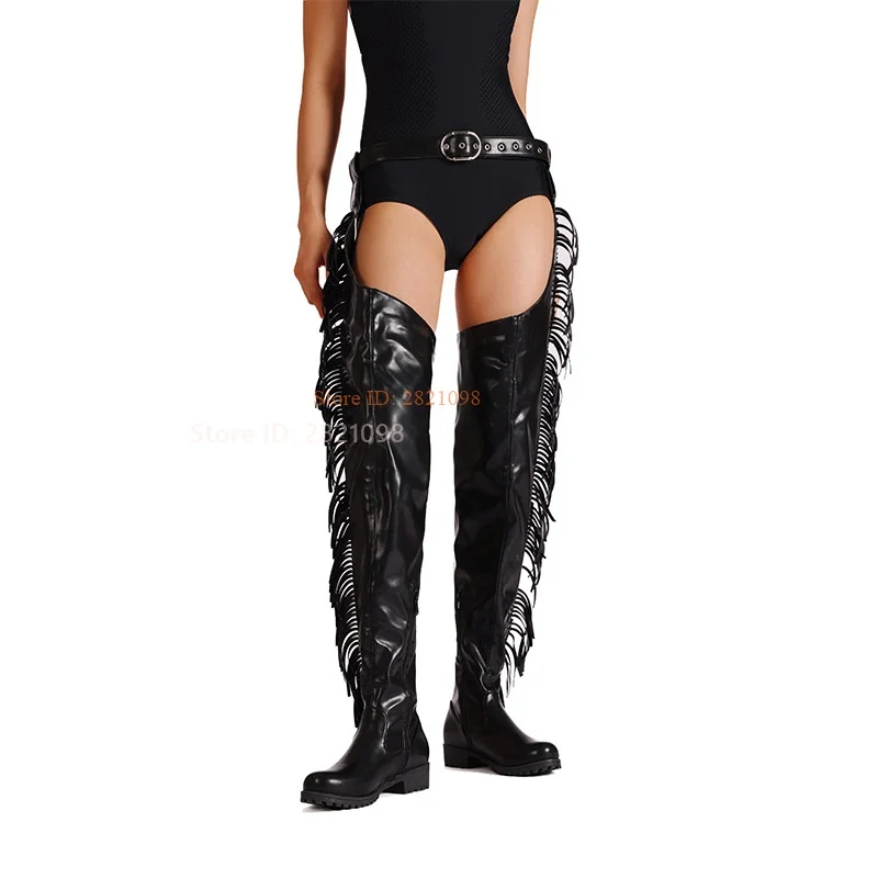 Black Leather Motorcycle Chaps with Tassel Low Heeled Over The Knee Boots Women Nightclub Sexy Fringe Thigh High Long Boots