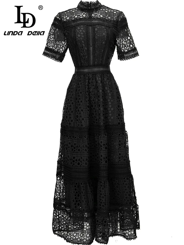 LD LINDA DELLA Designer 2023 Summer Vintage Party Dress Women Stand collar High waist Hollow out Fashion Black Long Dresses