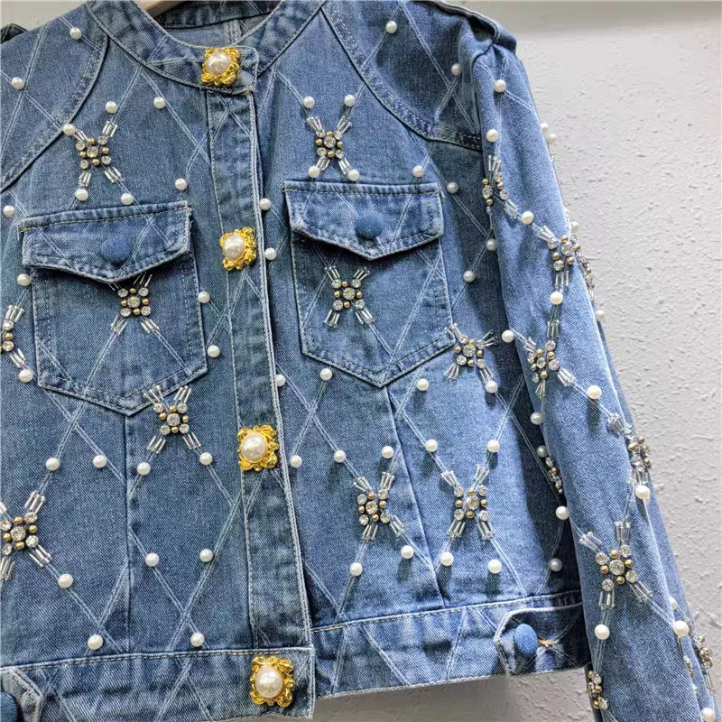ANJY خريف شتاء جديد إمرأة الموضة الأوروبية رصع الماس اللؤلؤ أنيقة الدنيم سترة قصيرة شيك الاتجاه تنوعا معطف A16933 #5
