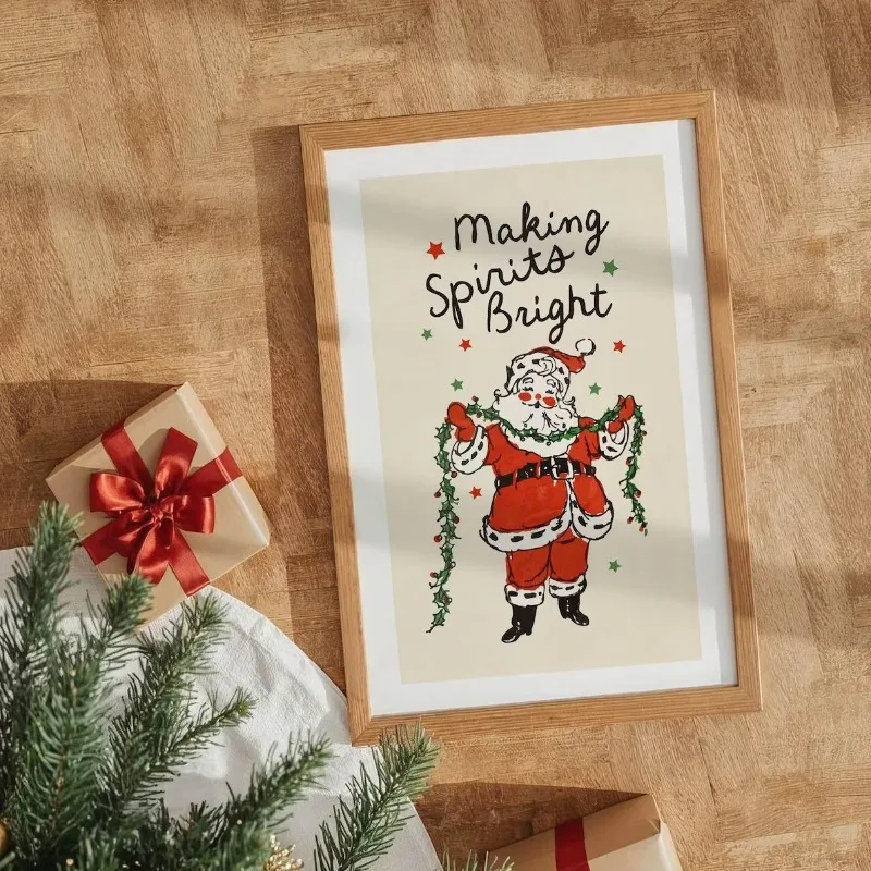 Vintage Santa Making Spirits Bright Christmas Canvas Poster Prints Frameless Wall Art Festive Winter Cozy Home Cute Decorations