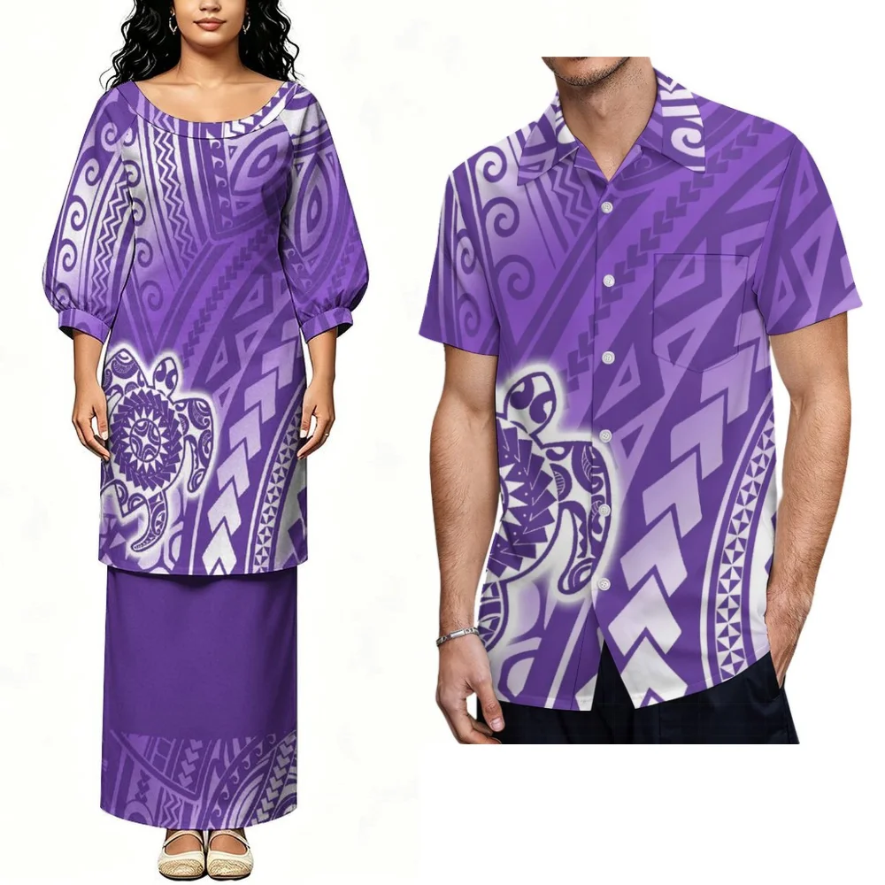 High-Quality Puletasi Set Festive Party Celebration Women'S Dress And Men'S Aloha Shirt Summer Custom Women'S Couple Outfit